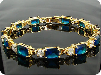 11x9mm Royal Blue Sapphire White Topaz Gold Bracelet