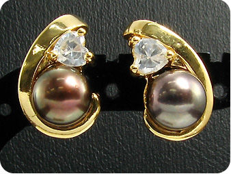 2x8mm Black Fresh Water Pearl Topaz Gold Earrings