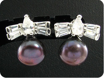 2x9mm Black Fresh Water Pearl White Topaz Earrings