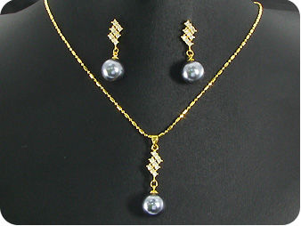 12mm Black Huge Pearl Topaz Gold Pendant Earrings Set