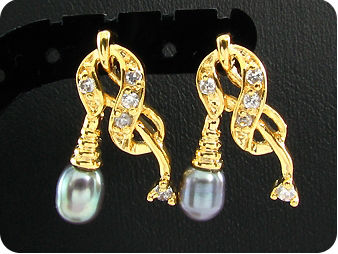 2x7mm Black Fresh Water Pearl Topaz Oval Gold Earrings