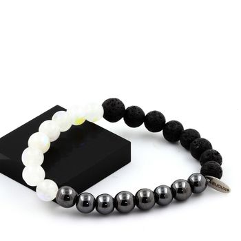 Bracelet Perles Pierre de lune + Lave + Hématite 8 mm.