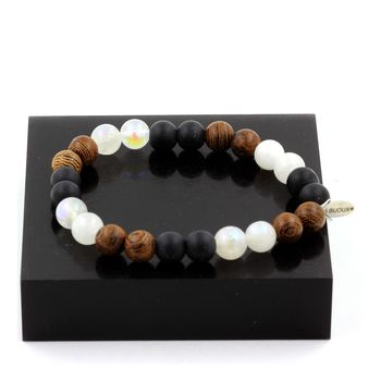 Bracelet Perles Pierre de lune + Onyx noir mat + bois 8 mm.