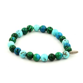 Bracelet Perles Chrysocolle + Malachite + Turquoise 8 mm.