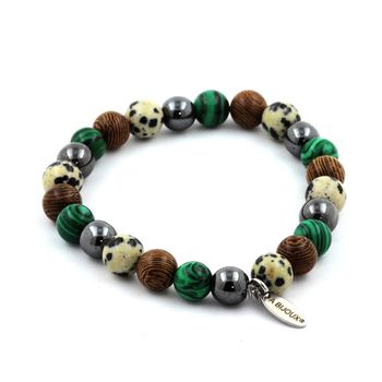 Bracelet Perles Hématite + Malachite + Jaspe Dalmatien + bois 8 mm.