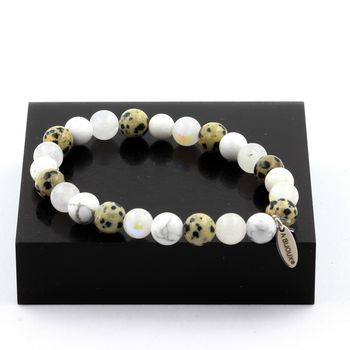 Bracelet Perles Howlite + Jaspe Dalmatien + Pierre de lune 8 mm.