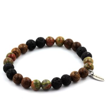 Bracelet Perles Unakite + Lave + bois 8 mm.