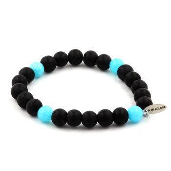 Bracelet Perles Onyx noir mat + Aigue-Marine 8 mm.