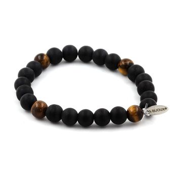 Bracelet Perles Onyx noir mat + Oeil de Tigre 8 mm.