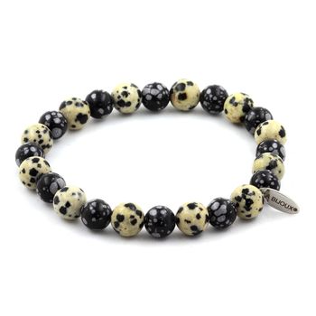 Bracelet Perles Obsidienne Flocon de Neige + Jaspe Dalmatien 8 mm.