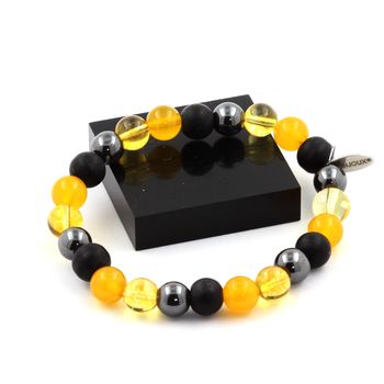 Bracelet Perles Hématite + Onyx noir mat + Citrine + Agate jaune 8 mm.