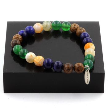 Bracelet Perles Lapis Lazuli + Agate verte + Agate Feuille de Bambou + bois 8 mm.