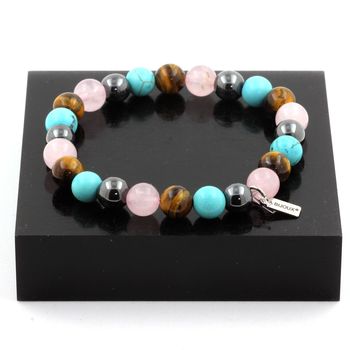 Bracelet Perles Oeil de Tigre + Quartz rose + Turquoise + Hématite 8 mm.