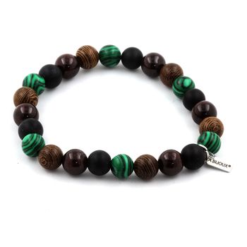 Bracelet Perles Grenat + Malachite + Onyx noir mat + bois 8 mm.