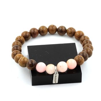 Bracelet Perles Opale Rose + bois 8 mm.