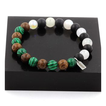 Bracelet Perles Pierre de lune + Onyx noir mat + Malachite + bois 8 mm.