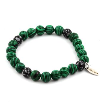 Bracelet Perles Malachite + Obsidienne Flocon de Neige 8 mm.