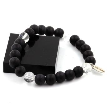 Bracelet Perles Quartz + Onyx noir mat 8 mm.