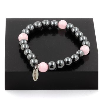 Bracelet Perles Hématite + Quartz rose 8 mm.