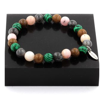 Bracelet Perles Opale Rose + Labradorite + Malachite + bois 8 mm.