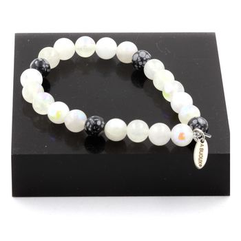 Bracelet Perles Pierre de lune + Obsidienne Flocon de Neige 8 mm.