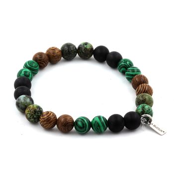 Bracelet Perles Turquoise Africaine + Malachite + Onyx noir mat + bois 8 mm.