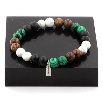 Bracelet Perles Howlite + Malachite + Onyx noir mat + bois 8 mm.
