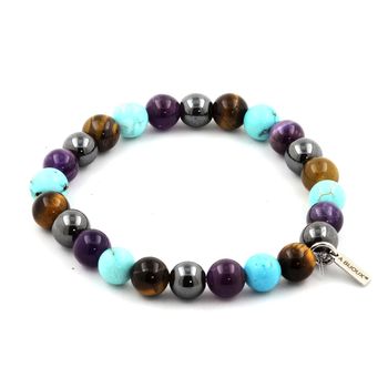 Bracelet Perles Améthyste + Oeil de Tigre + Turquoise + Hématite 8 mm.