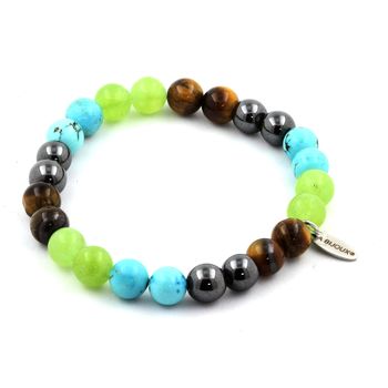 Bracelet Perles Péridot + Oeil de Tigre + Turquoise + Hématite 8 mm.