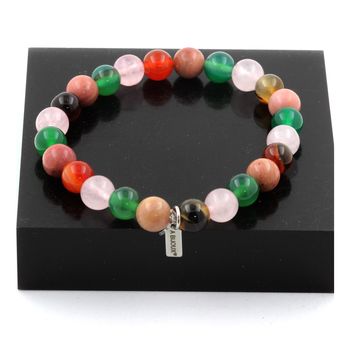 Bracelet Perles Rhodonite + Agate rubanée + Quartz rose + Agate verte 8 mm.