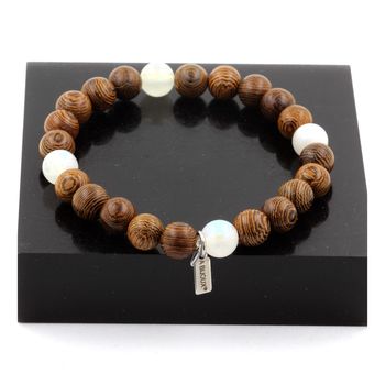 Bracelet Perles Pierre de lune + bois 8 mm.