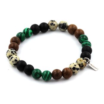 Bracelet Perles Jaspe Dalmatien + Malachite + Onyx noir mat + bois 8 mm.