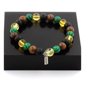 Bracelet Perles Citrine + Malachite + Onyx noir mat + bois 8 mm.