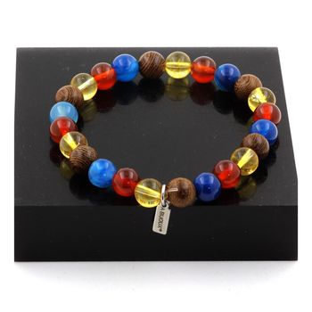 Bracelet Perles Citrine + Agate rubanée bleu + Agate Rouge + bois 8 mm.