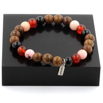 Bracelet Perles Opale Rose + Agate noire + Agate Rouge + bois 8 mm.