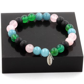 Bracelet Perles Quartz rose + Onyx noir mat + Aigue-Marine + Agate verte 8 mm.