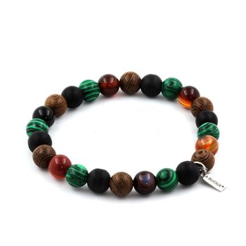 Bracelet Perles Agate rubanée + Onyx noir mat + Malachite + bois 8 mm.