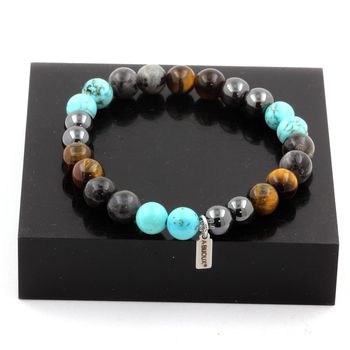 Bracelet Perles Labradorite + Oeil de Tigre + Turquoise + Hématite 8 mm.