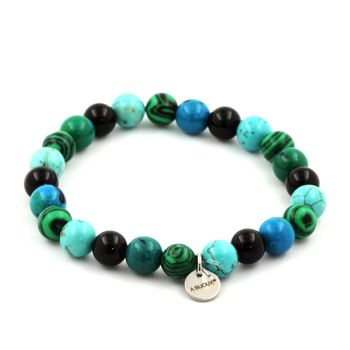 Bracelet Perles Chrysocolle + Malachite + Turquoise + Agate noire 8 mm.