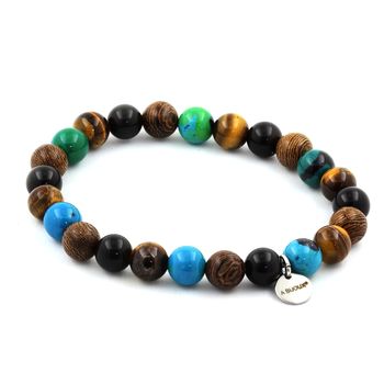 Bracelet Perles Oeil de Tigre + Chrysocolle + Obsidienne noire + bois 8 mm.