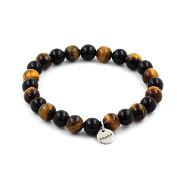 Bracelet Perles Oeil de Tigre + Agate noire 8 mm.