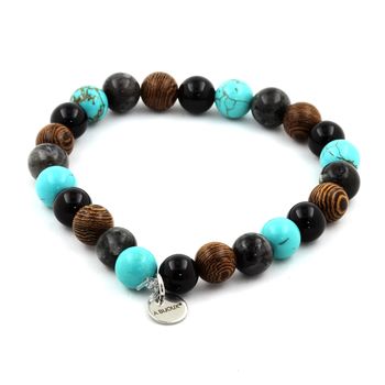 Bracelet Perles Labradorite + Agate noire + Turquoise + bois 8 mm.