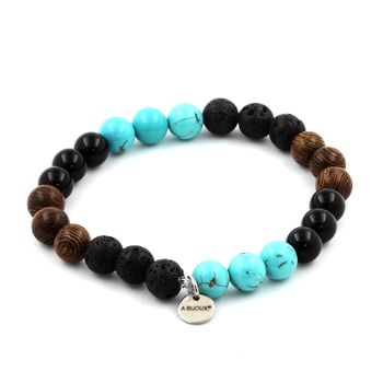 Bracelet Perles Turquoise + Lave + Agate noire + bois 8 mm.