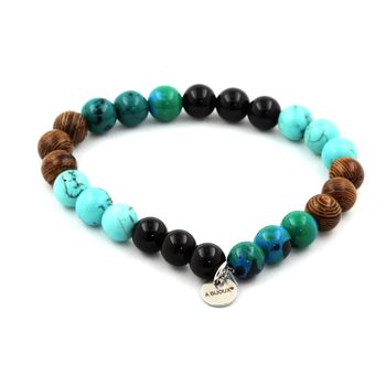 Bracelet Perles Chrysocolle + Turquoise + Agate noire + bois 8 mm.