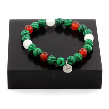 Bracelet Perles Malachite + Agate Rouge + Pierre de lune 8 mm.
