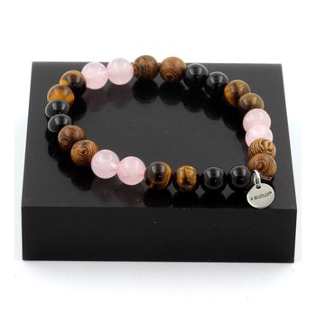 Bracelet Perles Quartz rose + Oeil de Tigre + Agate noire + bois 8 mm.