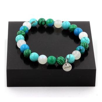 Bracelet Perles Pierre de lune + Turquoise + Chrysocolle + Malachite 8 mm.