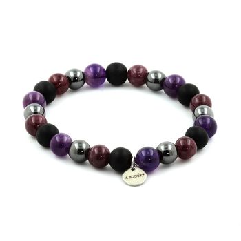 Bracelet Perles Améthyste + Hématite + Lépidolite + Onyx noir mat 8 mm.