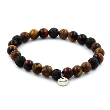 Bracelet Perles Oeil de Tigre + Lave + Oeil de Tigre rouge + bois 8 mm.