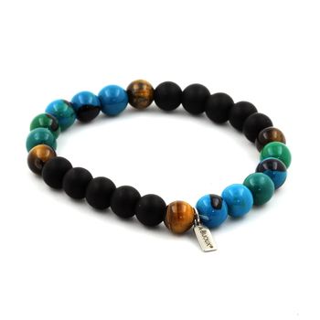 Bracelet Perles Chrysocolle + Oeil de Tigre + Onyx noir mat 8 mm.